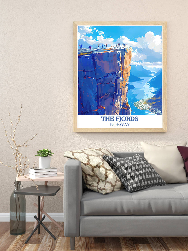 Preikestolen wall art capturing the awe inspiring experience of standing atop the cliff and overlooking the serene waters of the Lysefjord, a stunning addition to any art collection.