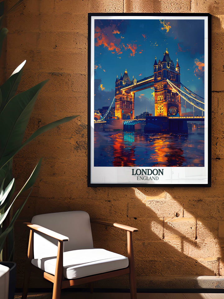 Detailed poster of Tower Bridge illuminated at night, emphasizing the structures beauty and architectural detail.