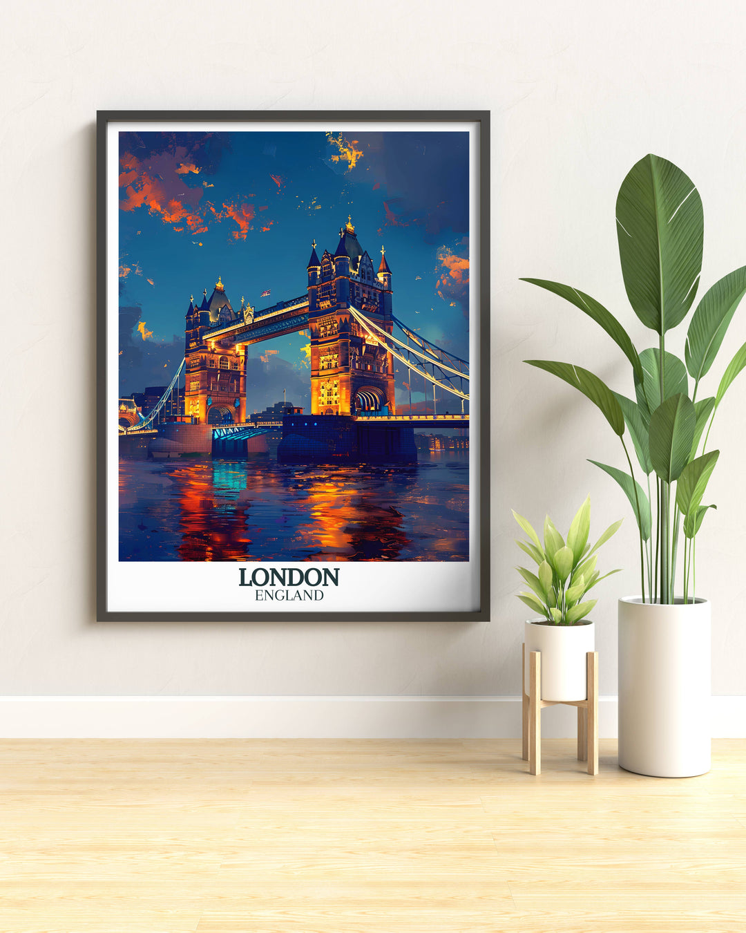 Print of Tower Bridge, showcasing its grandeur against the London skyline, ideal for adding historical elegance.