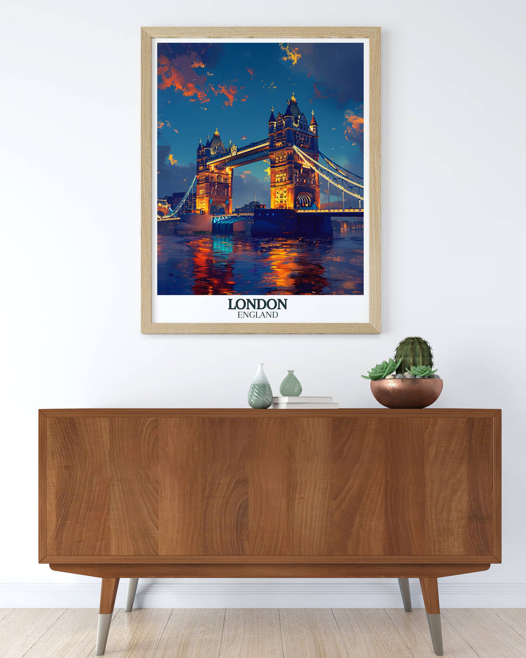 Poster of Tower Bridge in winter, capturing the landmark with a snowy backdrop, great for seasonal decor.