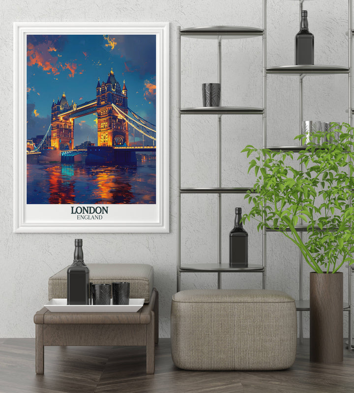 Tower Bridge during sunset, offering vibrant colors and dramatic lighting for a striking visual piece.