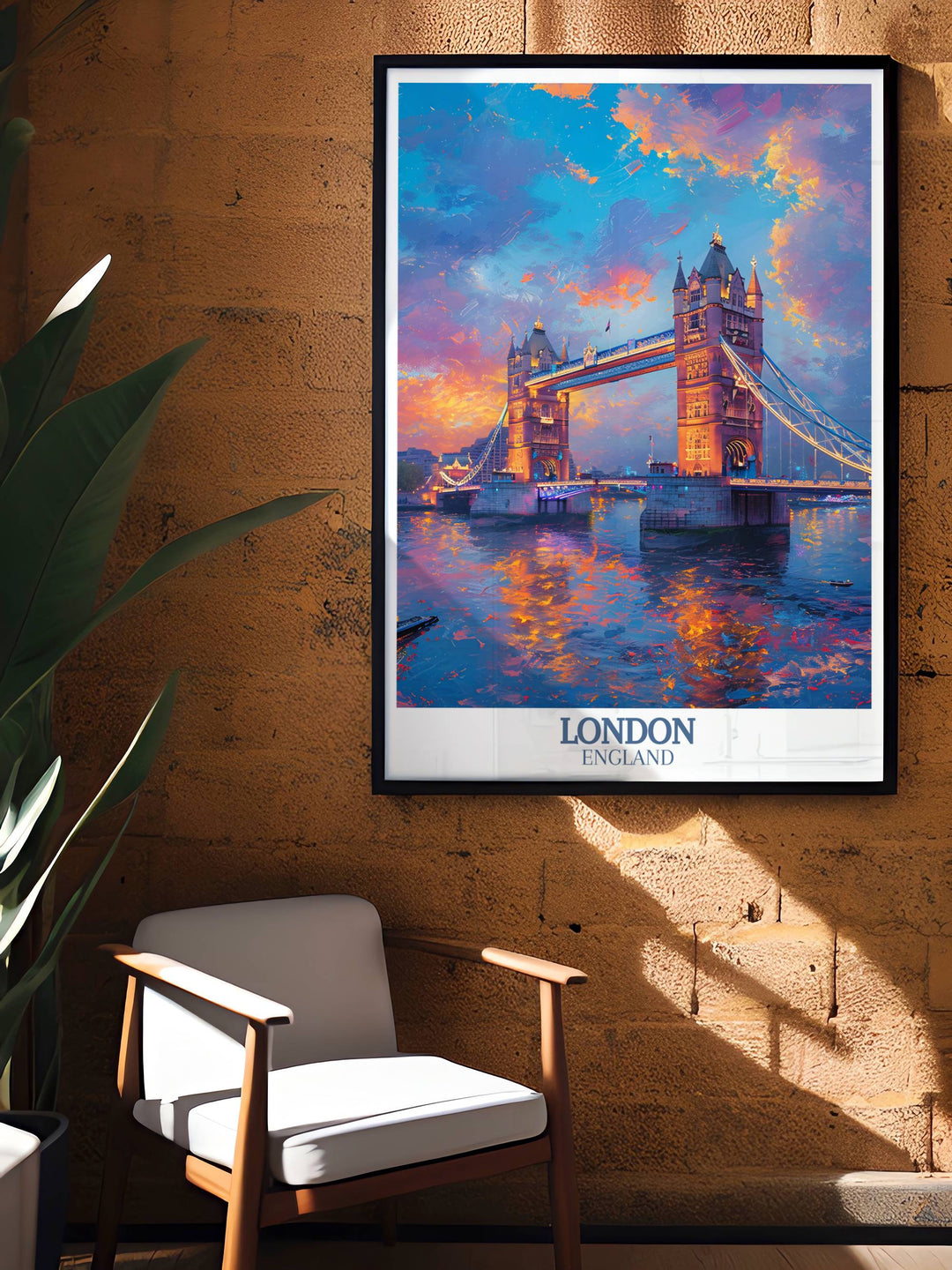 Artistic representation of historical London, featuring landmarks like Tower Bridge in a vintage style.