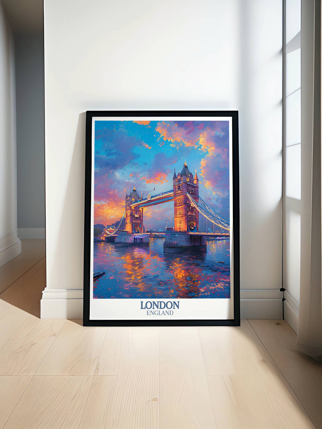 Custom print of London scenes, focusing on Tower Bridge and its surrounding areas, tailored for personal tastes.