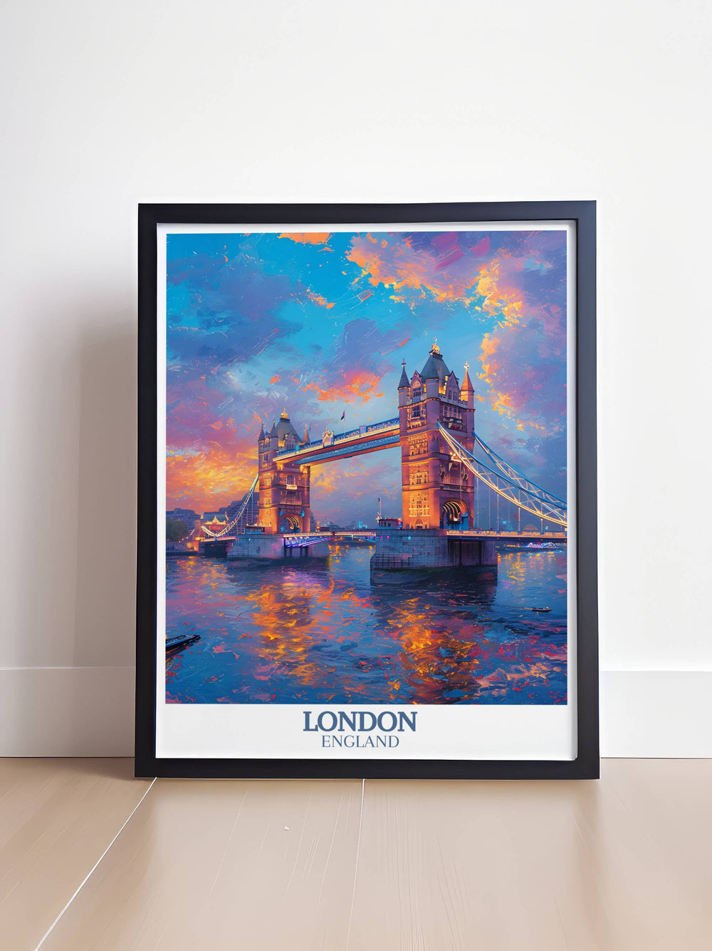 Vintage travel poster of Tower Bridge, offering a classic look with a contemporary twist for any room.