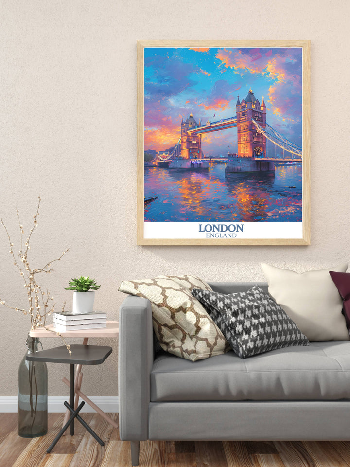 Detailed art print of Tower Bridge during a misty morning, perfect for adding atmospheric charm to any setting.