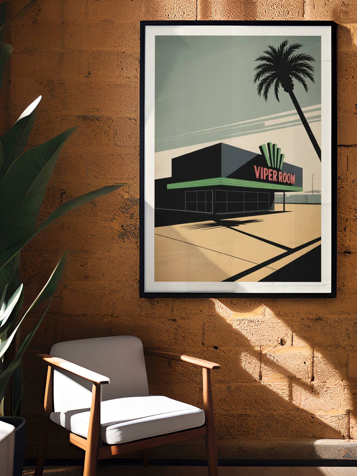 The Viper Room Los Angeles poster shown under gallery lighting to emphasize the vibrant neon green highlights and the sophisticated muted sand tones of the minimalist background.