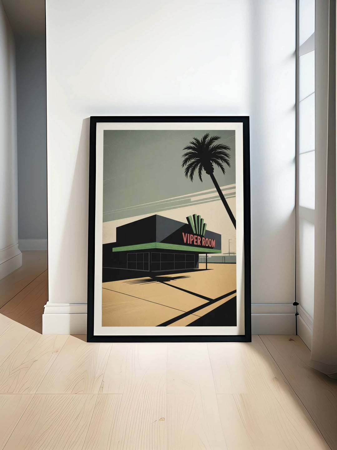 The Viper Room Los Angeles Nightclub Wall Art featuring a minimalist architectural design of the iconic Sunset Strip building with a glowing green neon sign and palm tree silhouette.