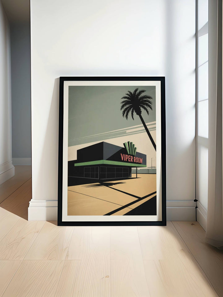 The Viper Room Los Angeles Nightclub Wall Art featuring a minimalist architectural design of the iconic Sunset Strip building with a glowing green neon sign and palm tree silhouette.