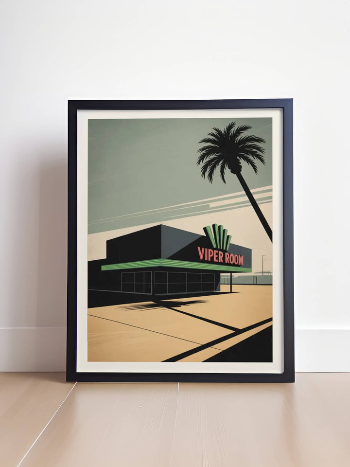 Retro-inspired The Viper Room Hollywood poster gift idea for film and music lovers, featuring the minimalist architectural silhouette of the world-famous 8852 Sunset Blvd club.