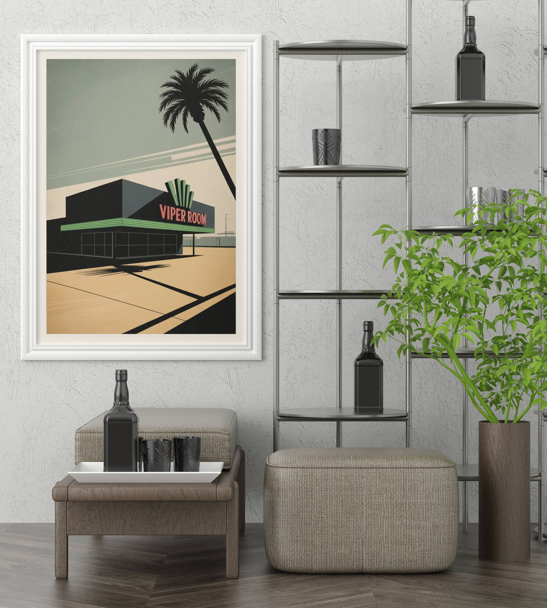 The Viper Room Los Angeles wall decor styled in a modern industrial loft, demonstrating how the minimalist architectural lines complement contemporary West Coast interior design.