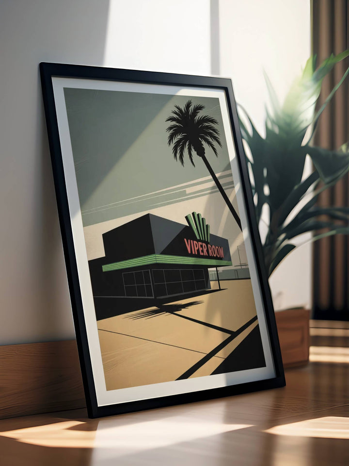 Detail view of The Viper Room nightclub wall art highlighting the premium paper grain texture and vibrant Poison Green Giclee ink used in this high-end minimalist travel poster.