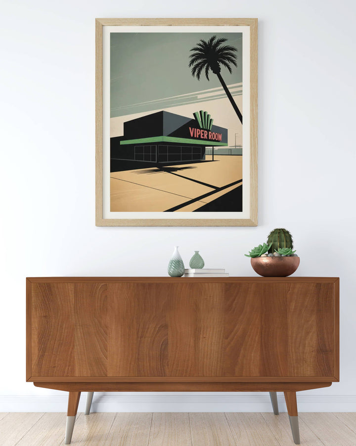 The Viper Room Los Angeles art print styled in a home music studio, showing the perfect fit for rock-and-roll enthusiasts and collectors of iconic nightclub wall art history.
