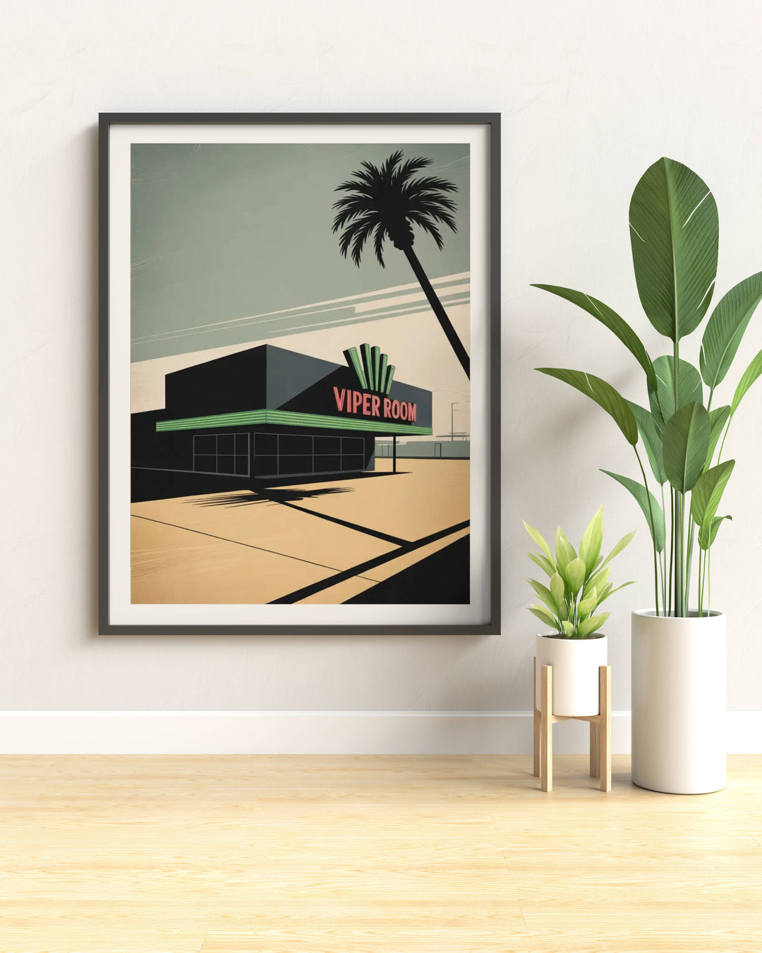 Vintage The Viper Room NYC poster for modern home decor showing the high-contrast black building and sharp shadows of West Hollywood’s most famous rock-and-roll music landmark.