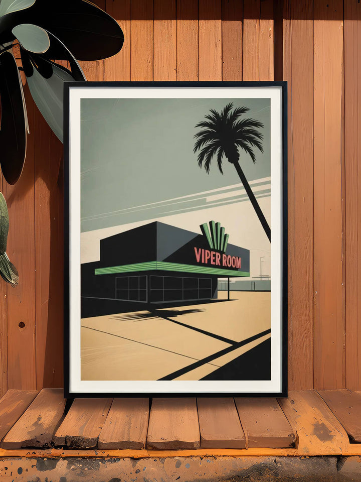 Nightclub wall art The Viper Room illustration with a sun-bleached California color palette and sharp noir-style shadows that capture the exclusive spirit of the Sunset Strip.