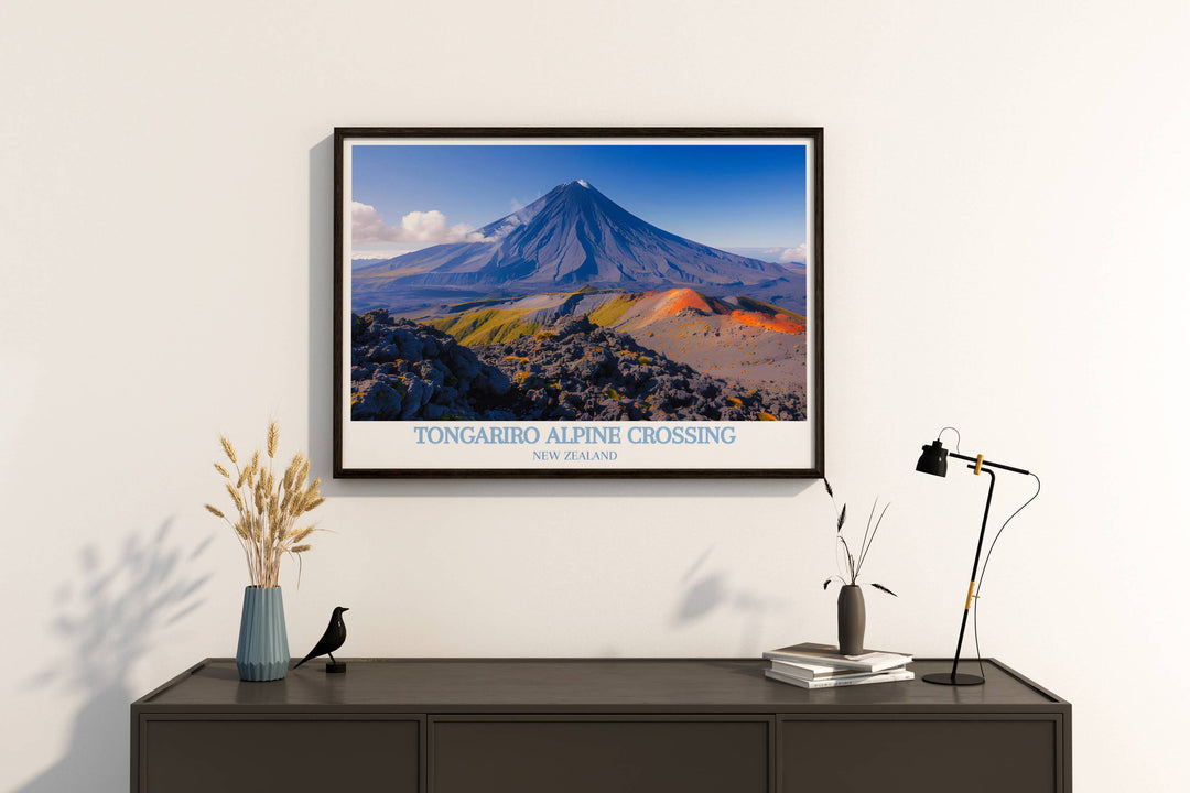 Tongariro Alpine Crossing fine art prints capturing the unique volcanic landscape of New Zealand, featuring the striking contrasts of dark lava flows, vibrant alpine flora, and the snow capped peak of Mount Ngauruhoe.