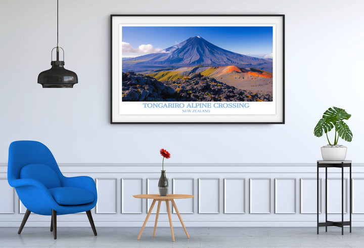 Tongariro Alpine Crossing fine art prints that showcase the unique features of New Zealands volcanic landscape, from dark lava flows to vibrant alpine flora, perfect for nature lovers.