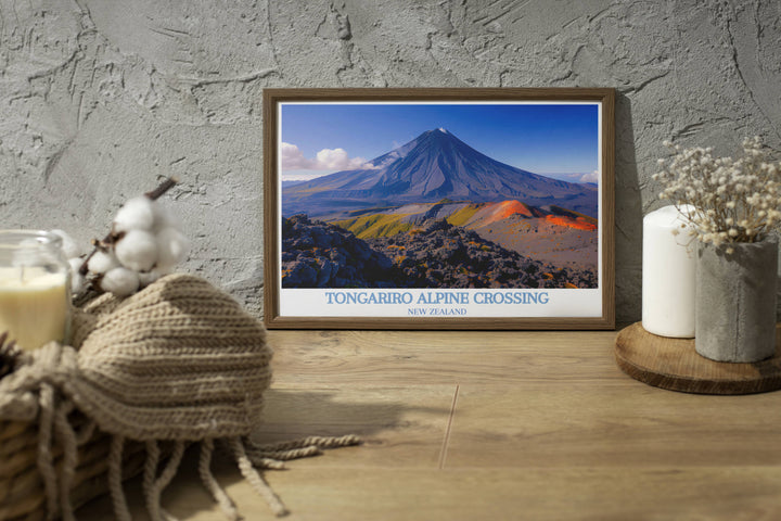Mount Ngauruhoe travel posters offering a glimpse into New Zealands most famous day hike, the Tongariro Alpine Crossing, featuring the breathtaking sight of the active stratovolcano towering over the landscape.