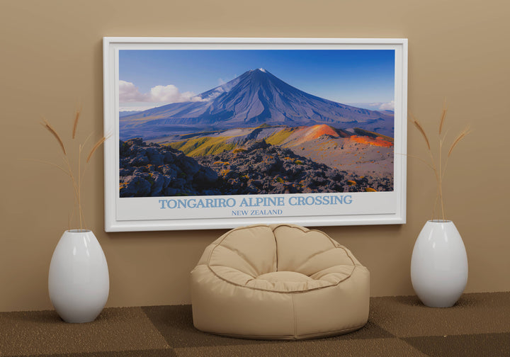 Mount Ngauruhoe travel posters depicting the iconic volcanic landscapes of New Zealand, ideal for anyone looking to infuse their home with the spirit of adventure and the beauty of the great outdoors.