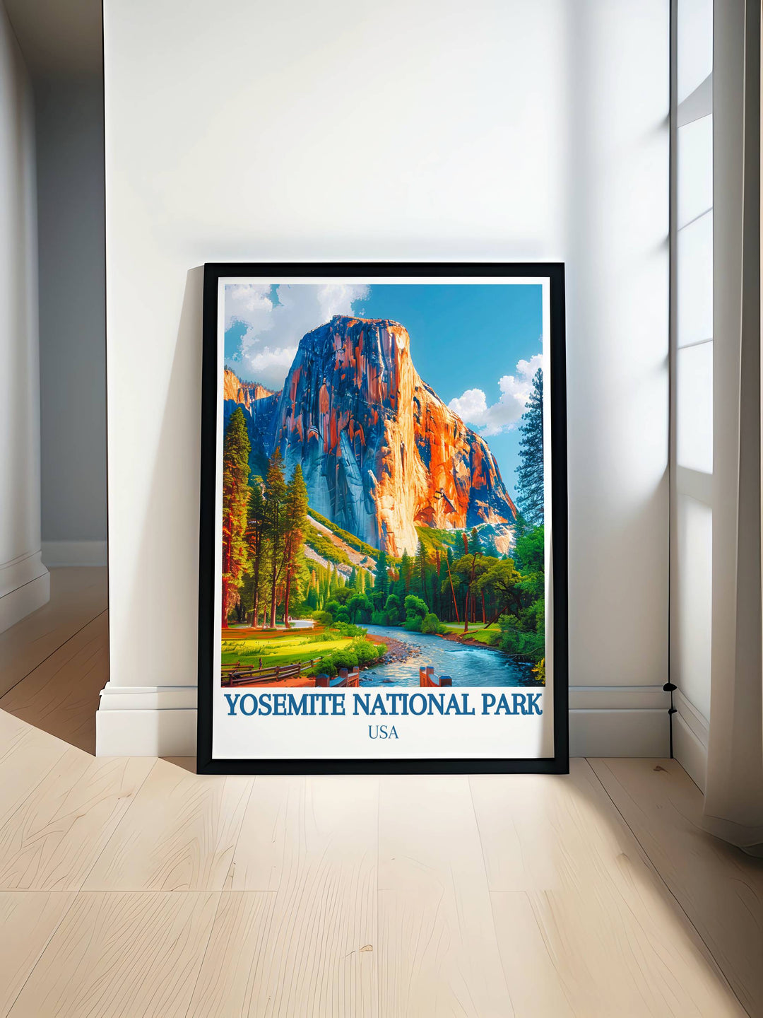 Detailed fine art print of Yosemite National Park showcasing its majestic granite cliffs and serene landscapes, perfect for enhancing your home decor with a touch of natures grandeur.