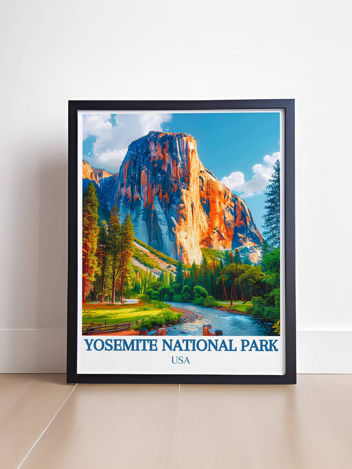 Vibrant Yosemite National Park artwork depicting the iconic El Capitan and Half Dome, bringing the beauty of this natural wonder into your living space with stunning detail.