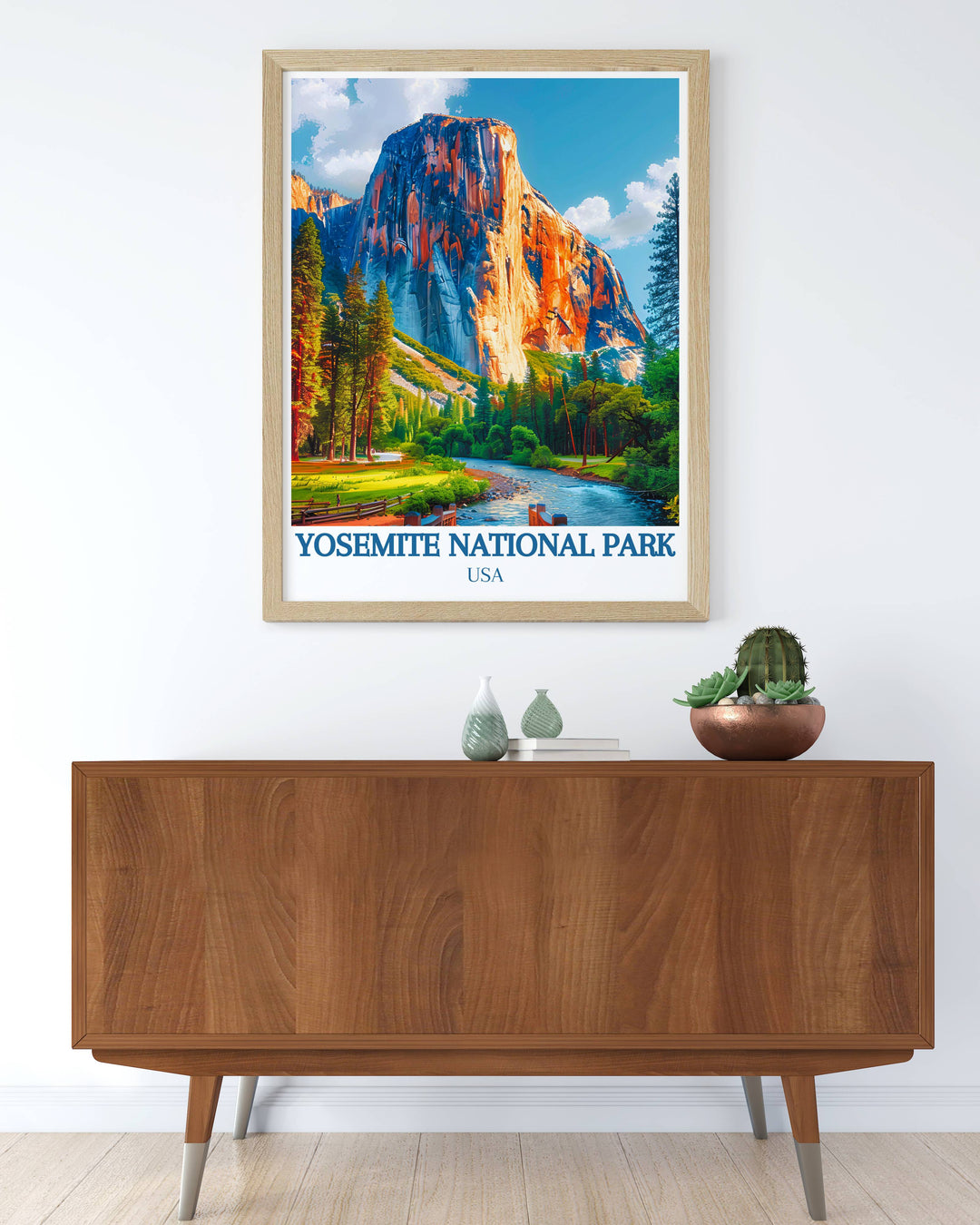 Yosemite National Park travel poster highlighting the dramatic scenery and towering waterfalls, a beautiful addition to any room and a celebration of the great outdoors.