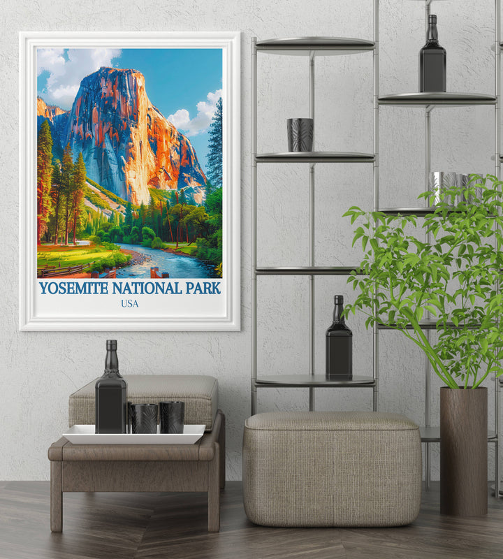Scenic Yosemite National Park art print illustrating the parks unique charm and striking features, perfect for adding a sense of adventure and tranquility to your home decor.