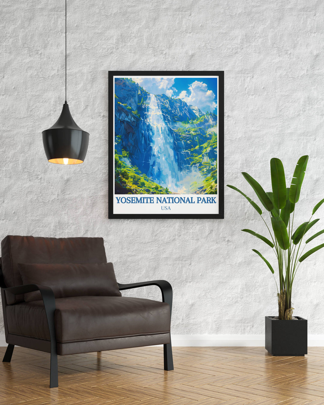Yosemite National Park travel poster highlighting the dramatic scenery and towering waterfalls, a beautiful addition to any room and a celebration of the great outdoors.