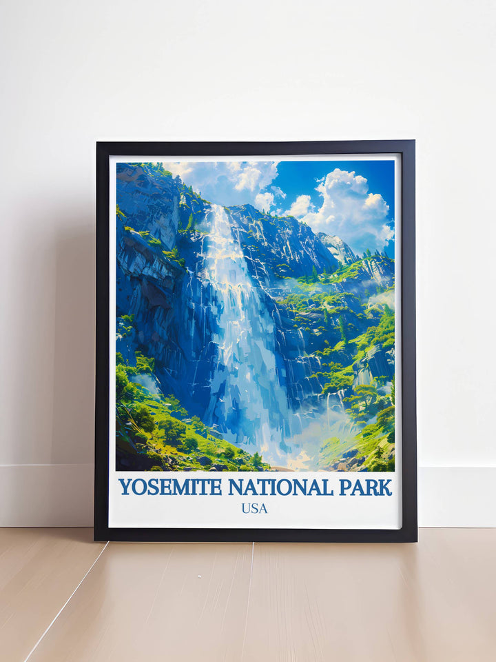 Yosemite National Park travel poster capturing the spirit of adventure and the parks majestic beauty, ideal for creating a travel themed gallery wall.