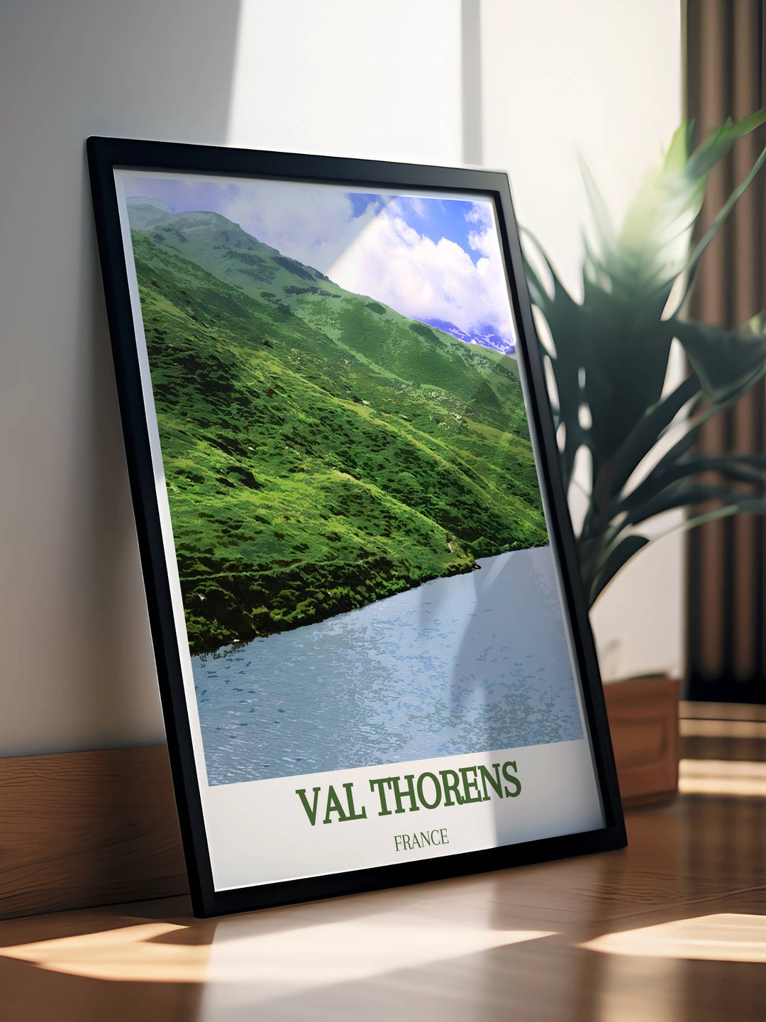 Canvas art of Val Thorens showcasing the tranquil lake of Lac du Lou, ideal for adding a touch of alpine serenity to any room. Perfect for lovers of mountain scenery.
