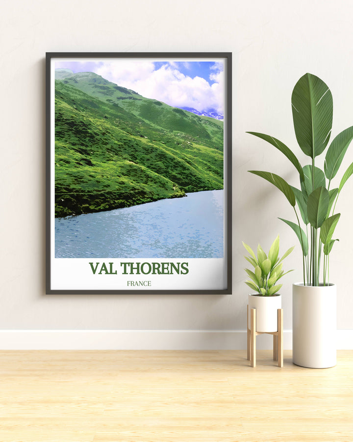 Val Thorens modern wall decor depicting the stunning scenery of Lac du Lou, a picturesque lake in the French Alps. A perfect addition to any art collection or home decor.