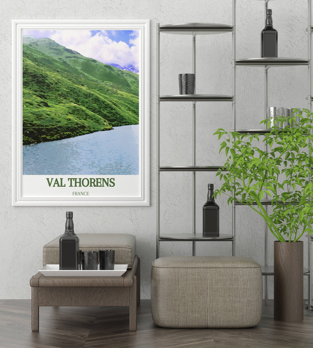 Lac du Lou custom print capturing the picturesque beauty of the lake and surrounding mountains in Val Thorens, ideal for winter sports enthusiasts and nature lovers. Perfect for decorating your home or office.