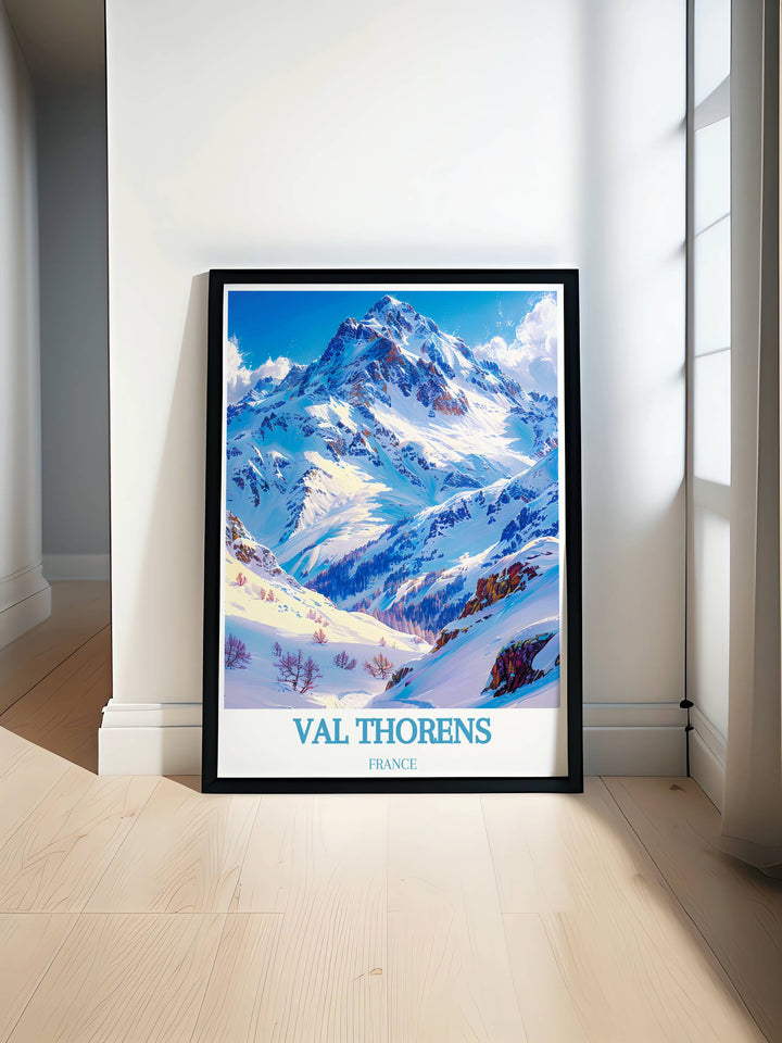 Scenic travel poster of Val Thorens featuring the iconic peak of Cime Caron, capturing the majestic beauty and vibrant energy of the French Alps. Ideal for adding a touch of alpine charm to your home decor.