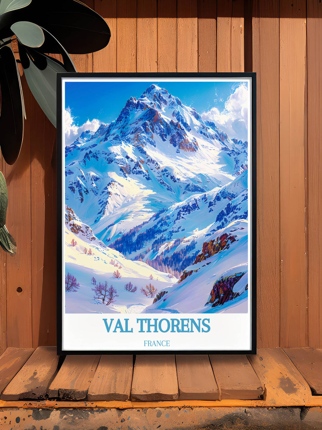 Travel poster of Cime Caron in Val Thorens, highlighting the vibrant colors and intricate details of the French Alps. A beautiful addition to any art collection or home decor.