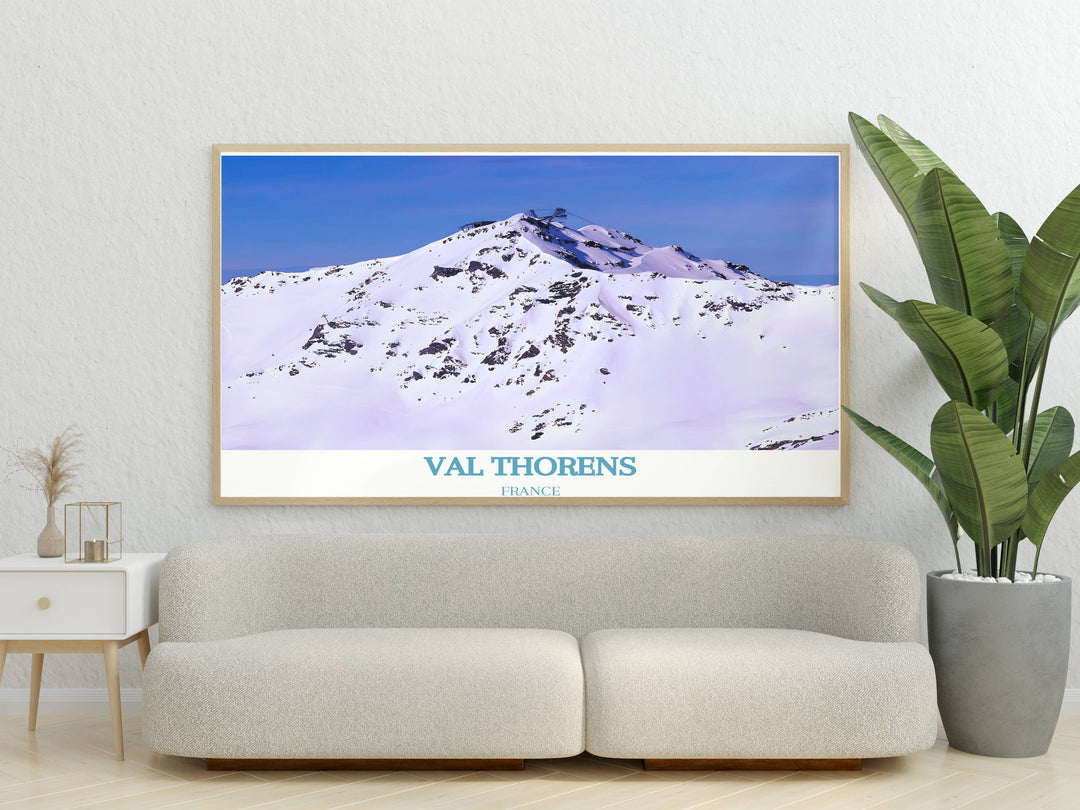 Stunning travel poster of Cime Caron, highlighting the snow covered peaks and vibrant alpine village of Val Thorens. Adds a touch of adventure and elegance to your wall decor.