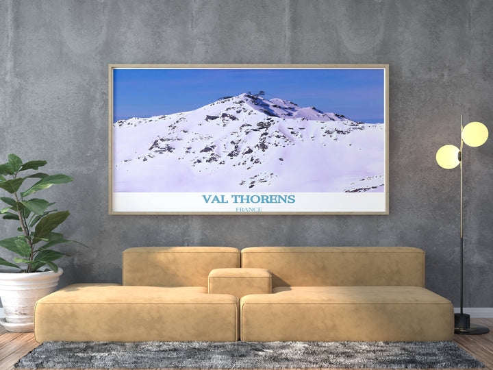 Val Thorens travel poster capturing the picturesque beauty of Cime Caron, a must have for winter sports enthusiasts and nature lovers. Perfect for decorating your home or office.