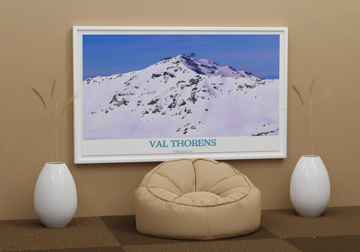 Canvas art of Val Thorens showcasing the stunning peak of Cime Caron, ideal for adding a touch of alpine grandeur to any room. Perfect for lovers of mountain scenery.