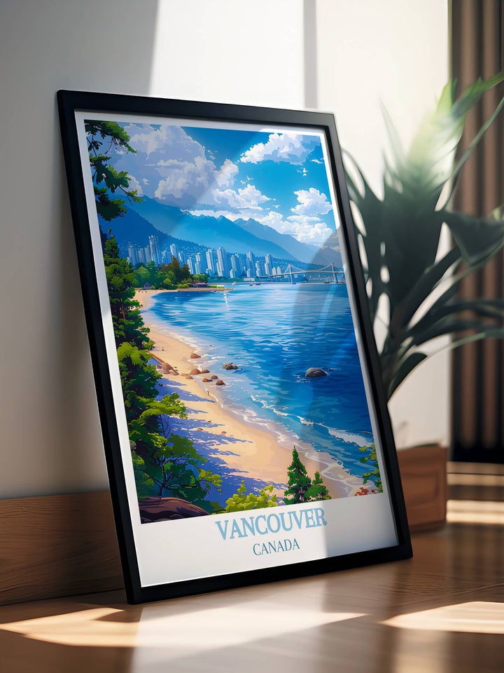 Detailed travel print of Vancouver featuring the citys dynamic urban scenes and serene natural surroundings. A beautiful addition to any art collection.