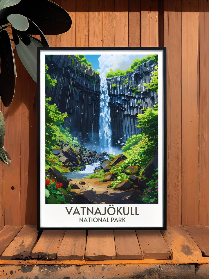 Iceland travel print of Svartifoss Waterfall in Skaftafell showcasing the stunning geological formations and serene environment of Vatnajökull National Park perfect for any art collection.