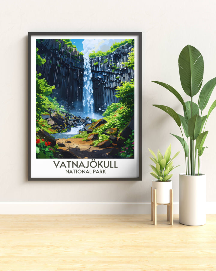 Travel poster of Svartifoss Waterfall in Vatnajökull National Park highlighting the unique geological formations and serene environment of Iceland perfect for nature enthusiasts.