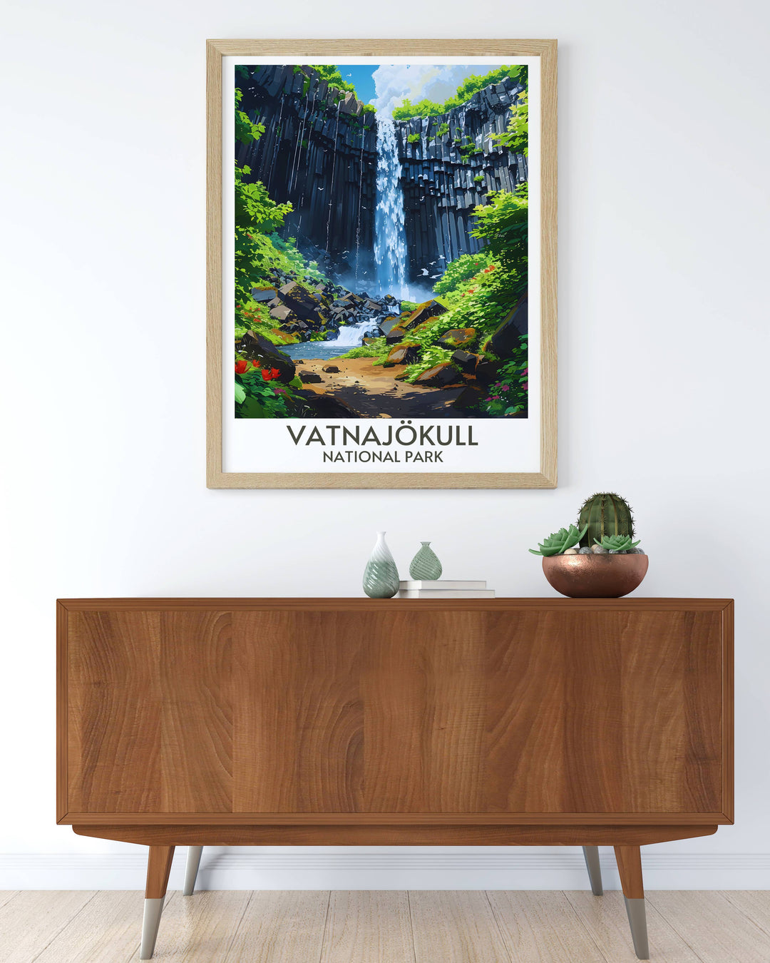Detailed art print of Svartifoss Waterfall in Vatnajökull capturing the striking basalt columns and vibrant waters a stunning piece for any wall decor.