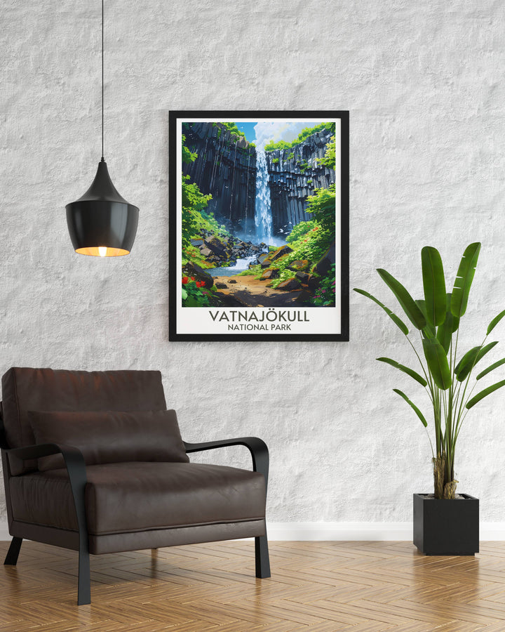 Vatnajökull National Park poster showcasing the majestic Svartifoss Waterfall and the surrounding wilderness ideal for adding a touch of Icelandic wonder to your space.