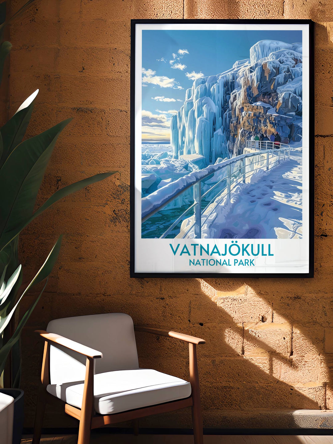 Vatnajökull National Park art print illustrating the serene glacier surrounded by Icelands majestic landscape, perfect for gallery walls.