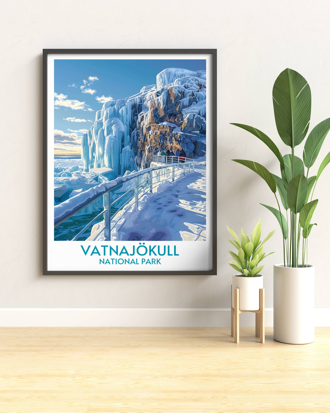 Vatnajökull National Park framed art showcasing the serene beauty of the glacier amidst unique geological formations, ideal for nature lovers and travel enthusiasts.