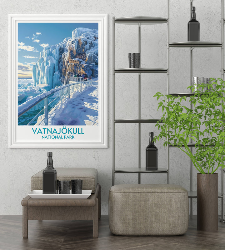 Vatnajökull National Park travel poster depicting the glaciers pristine beauty, a perfect addition to any home or office decor for a touch of adventure.