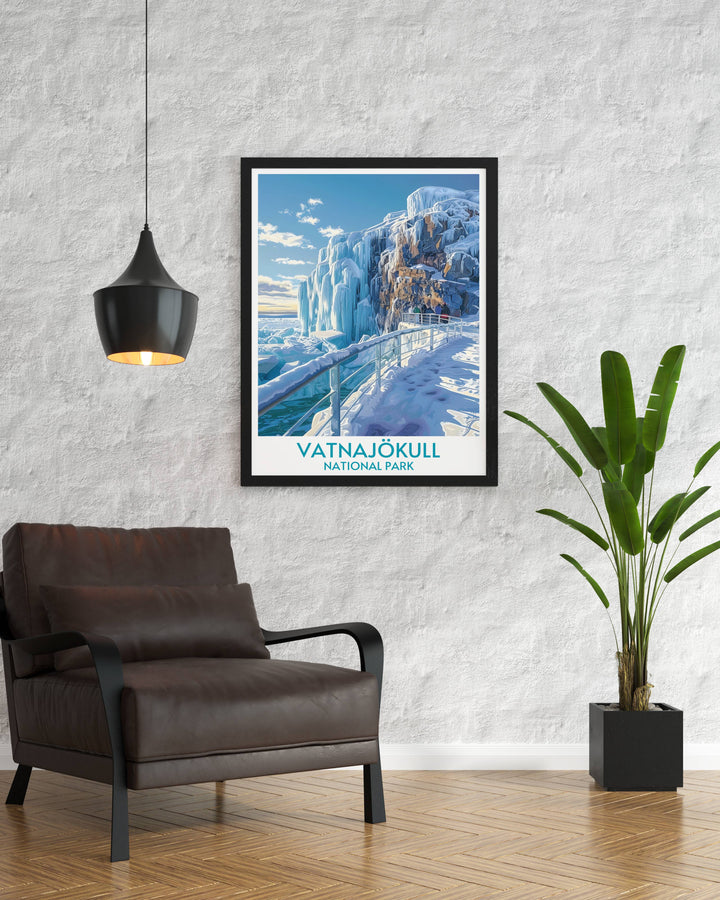 Scenic poster of Vatnajökull Glacier, designed with a sleek aesthetic, bringing a sophisticated charm to your walls and showcasing your love for travel.