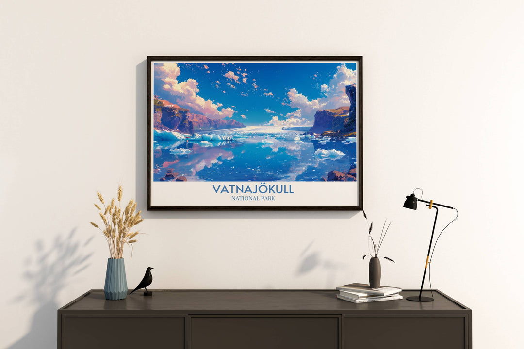 Detailed art of Vatnajökull Glacier Lagoon with icebergs and mountains, perfect for enhancing any room with Icelandic natural beauty.