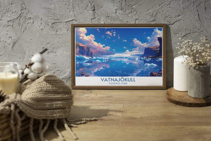 Vintage style poster of Vatnajökull National Park, capturing the serene beauty of the glacier lagoon in a retro aesthetic.