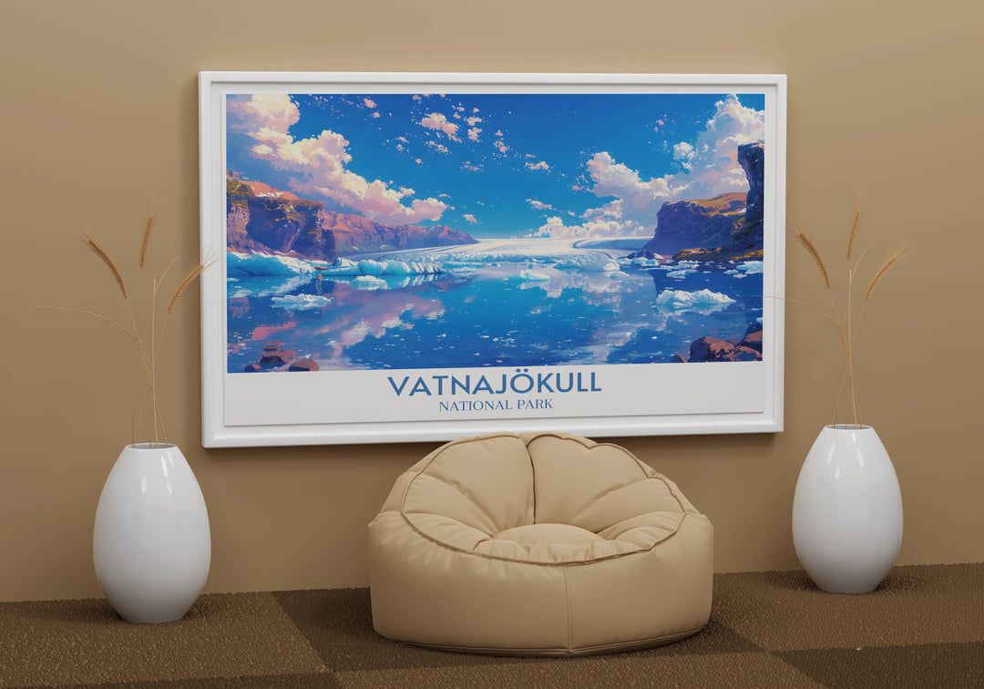 Iceland travel print of Vatnajökull Glacier Lagoon, bringing the tranquil beauty of Icelands landscapes to your walls.