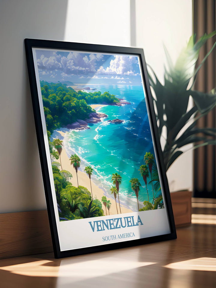 Venezuela travel print featuring both Morrocoy National Park and Angel Falls, celebrating the countrys diverse and stunning landscapes.