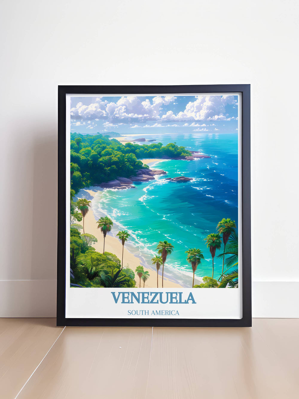 Detailed print of Angel Falls, showcasing the worlds tallest uninterrupted waterfall with water cascading down the Auyán Tepuí mountain in Venezuela.